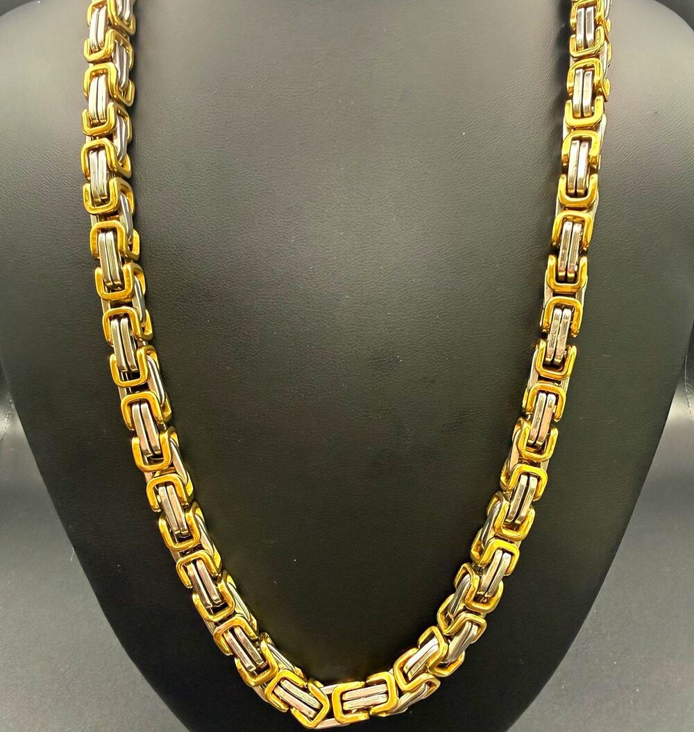 Heavy Two-Tone Flat Byzantine Chain Necklace 24" Long 12mm Thick Biker Steel